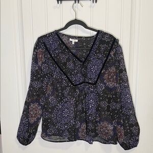 MAURICES WOMENS PURPLE  BLACK VELVET TRIM LONG SLEEVE PEASANT BLOUSE SIZE SMALL